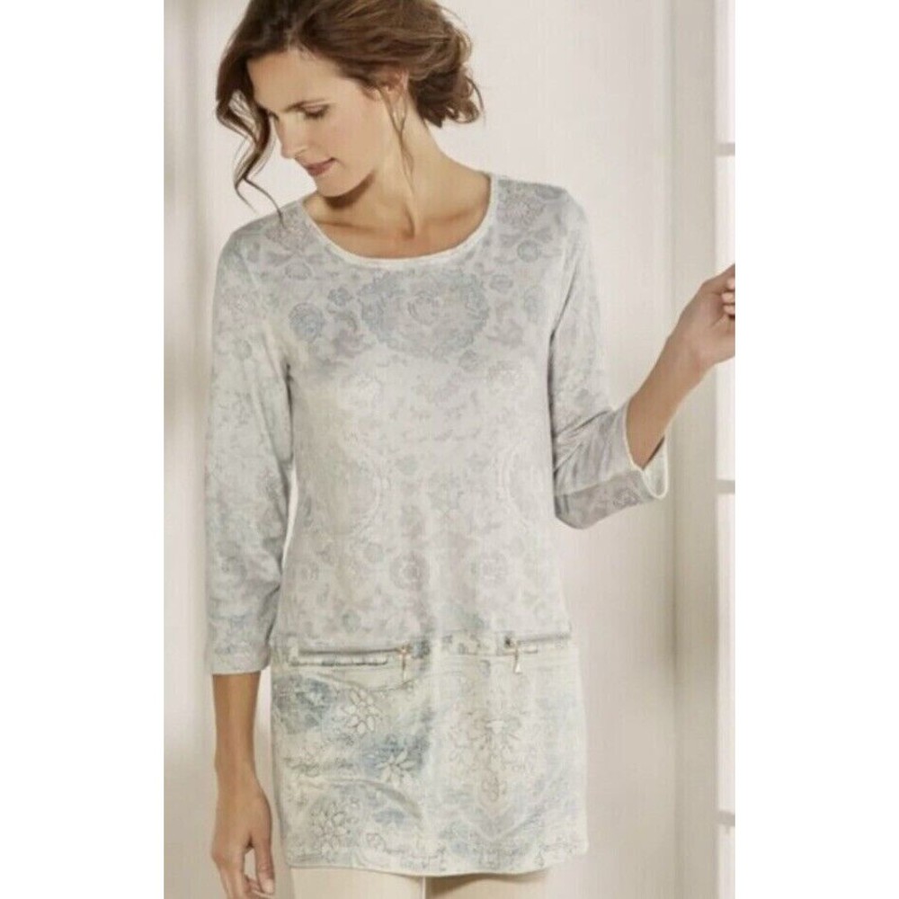 Soft Surroundings Dello Damask Tunic Top 1x Velvet Print Zip Pockets Scoop Neck